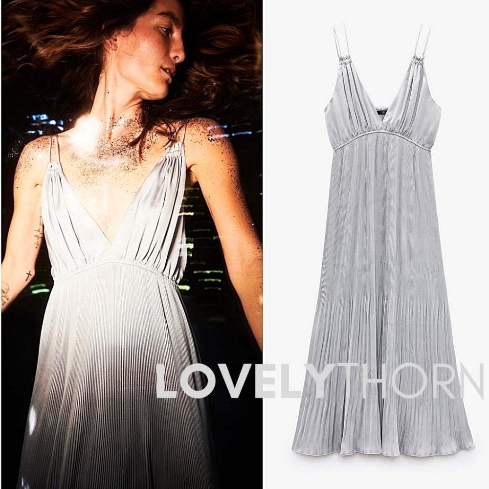 ZARA // ltd ed ultra-chic subdued silver pleated strappy midi maxi dress